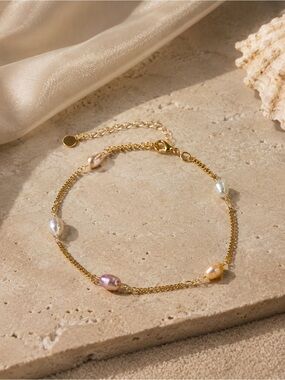 18K Gold Freshwater Pearl Stations Ankle Bracelet - Multicolor